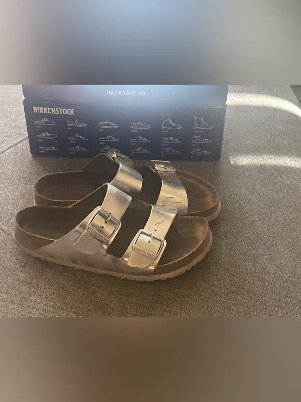 Woman’s Silver Double-Buckle Slide Birkenstocks size 40/ 9 woman’s